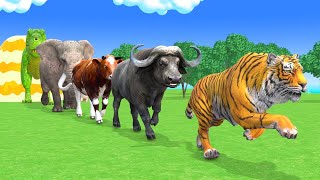 Long Slide Game With Elephant Gorilla Buffalo Hippopotamus Tiger - 3d Animal Game - Funny 3d Animals