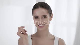 Beauty Skin Attractive Woman Touching Face By Fingers Portrait Stock Footage