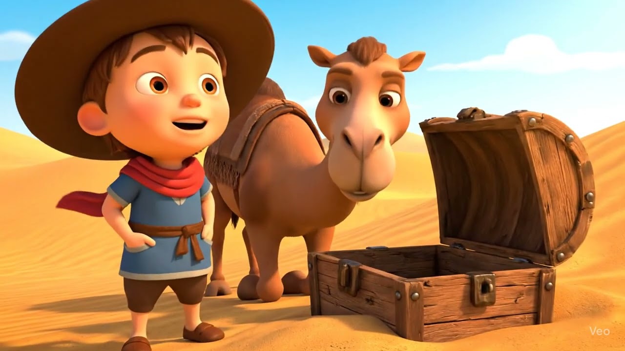 3D cartoon boy camel desert dunes treasure chest adventure discovery hidden exciting wind sand warm