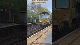 Freightliner 66513 powers through Cramlington Railway Station on a WCML Diverted Freight
