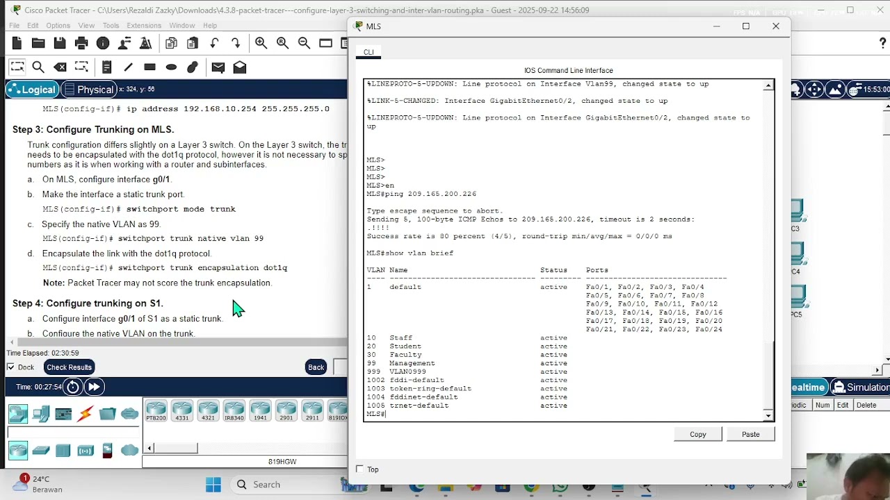 4 3 8 Packet Tracer   Configure Layer 3 Switching and Inter VLAN Routing
