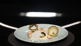 Half-cooked salmon, grilled scallions, and tangy radishes with a tapioca tuile by Tabata Bonardi ...
