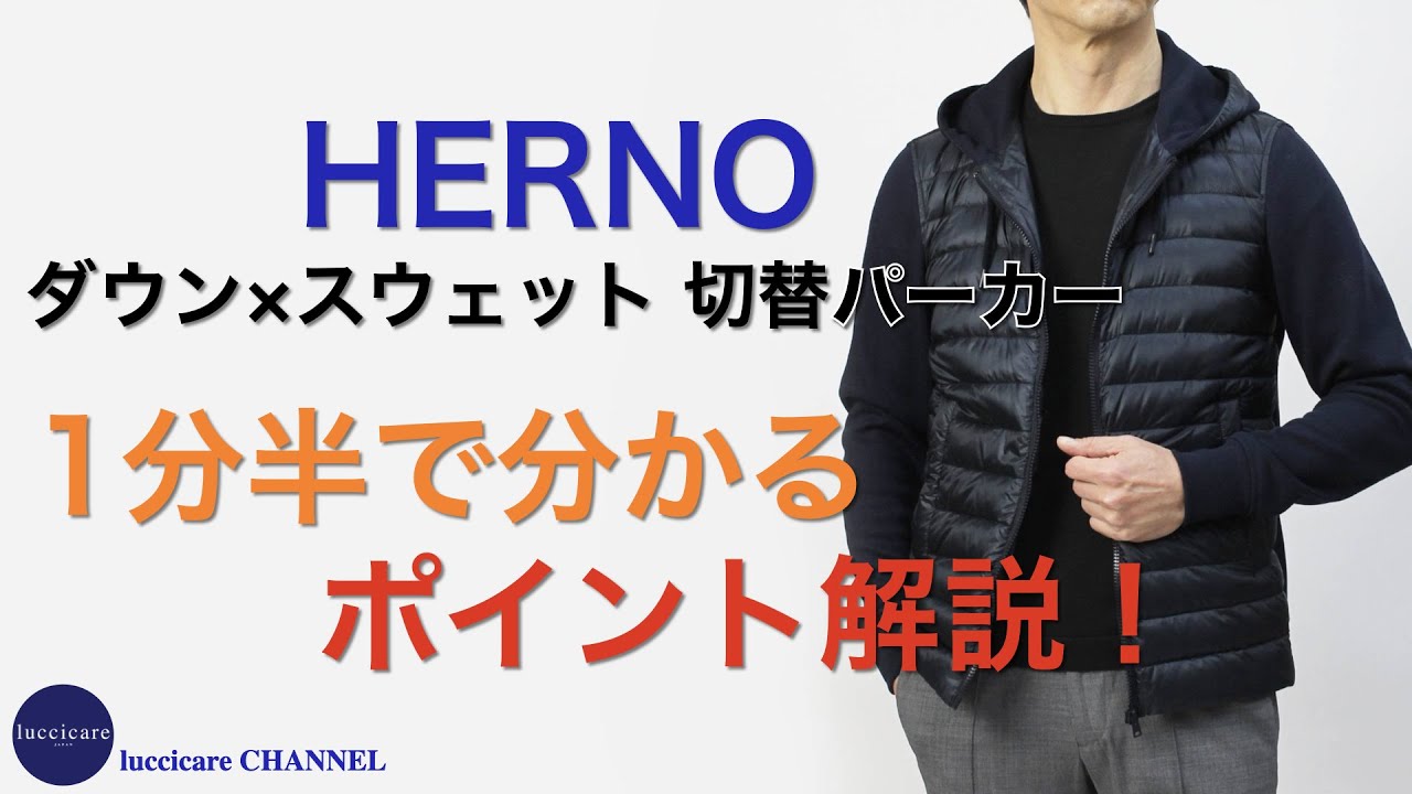 【HERNO】超軽量 ダウン × スウェット 切り替え パーカ　ネイビー48