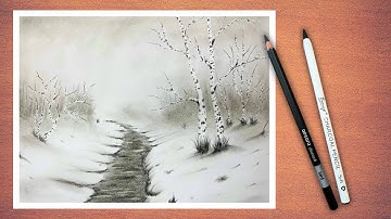 Charcoal Pencil Winter Landscape Drawing | Beautiful Snow Scenery Sketch Step by Step