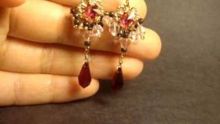 Pink Flower Dangle Earrings with Swarovski Crystal Teardrops