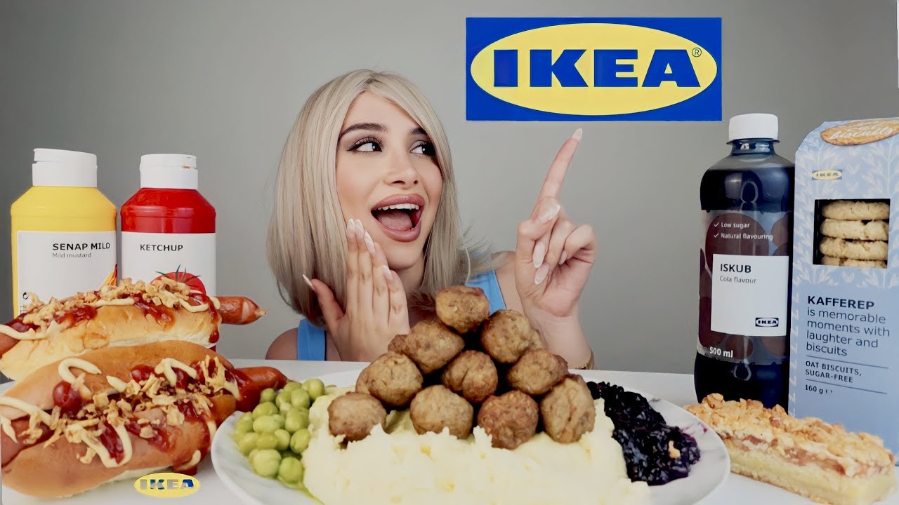 ASMR IKEA FOOD MUKBANG EATING SWEDISH MEATBALLS,MASH AND GRAVY, HOT DOG, APPLE CAKE AND ISKUB