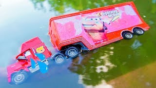 Disney Cars Mack Truck Crossing On Deep Water With Tayo Little Bus Toys For Kids