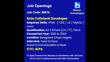Fullstack Developer job Opening|100 #100%Placement| Besant Technologies #job #shorts