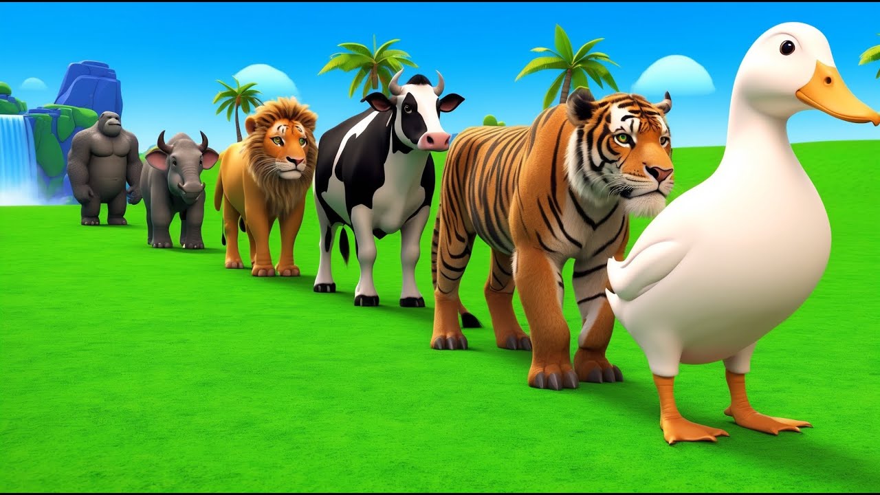 Long Slide Game With Cow Elephant Gorilla Hippopotamus Tiger - 3d Animal Game - Funny 3d Animals