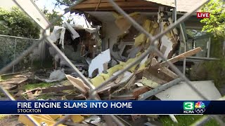 Here is the aftermath after a fire engine slammed into a home in Stockton, California