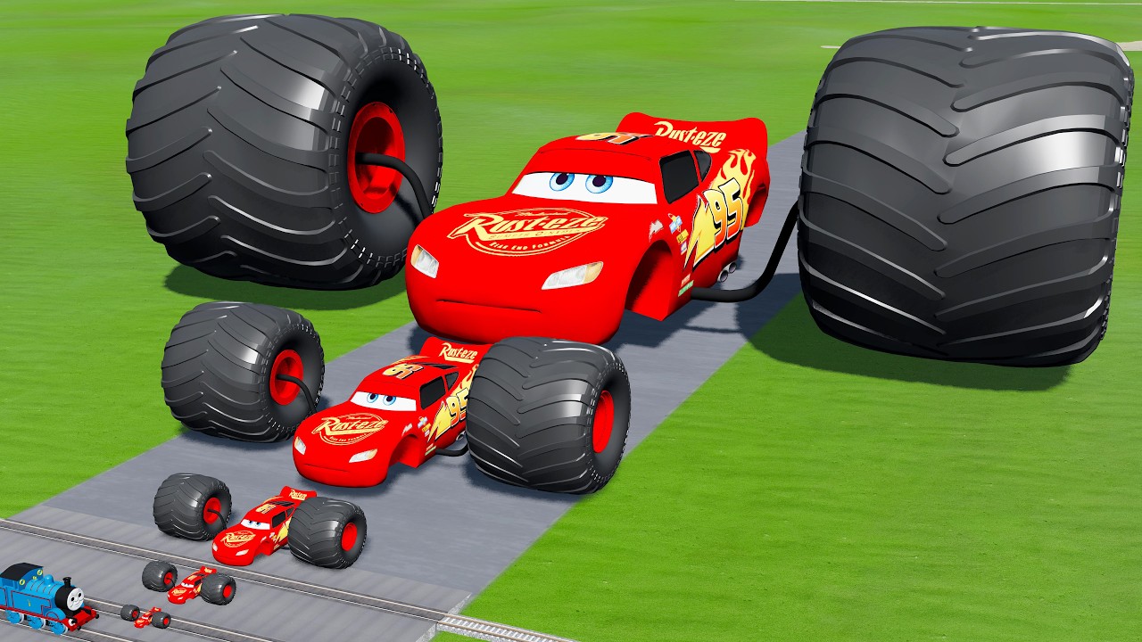 Big & Small McQueen Spider with One Monster wheels VS Train | BeamNG.drive