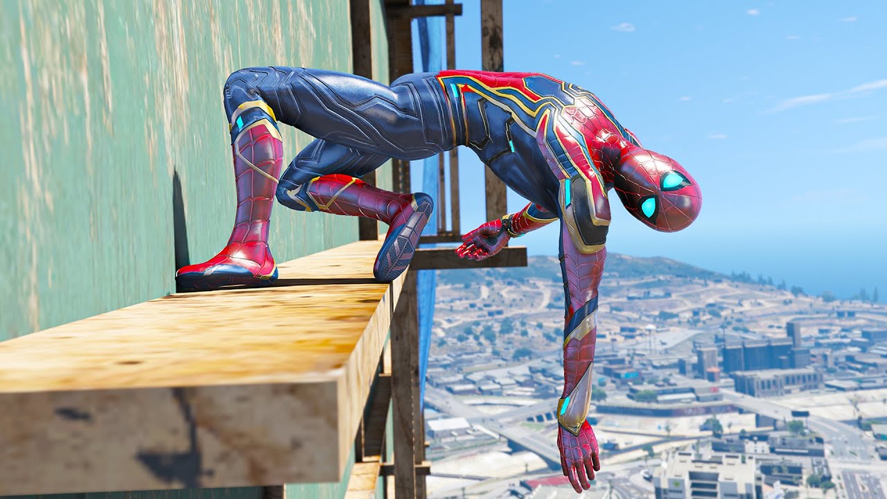 GTA 5 Iron Spiderman Falling off Highest Buildings - Spider-man mod Gameplay - Eps 2