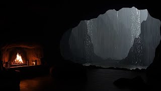 Overcome Insomnia to Sleep Instantly with Heavy Rainstorm & Bonfire at Night in a Deep Valley Cave