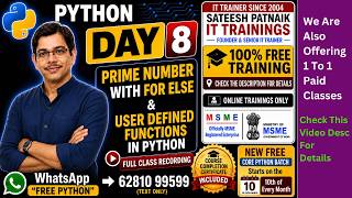 🚀 Python Day 8: Prime Number Using For Else | User Defined Functions Explained | Free Python Classes