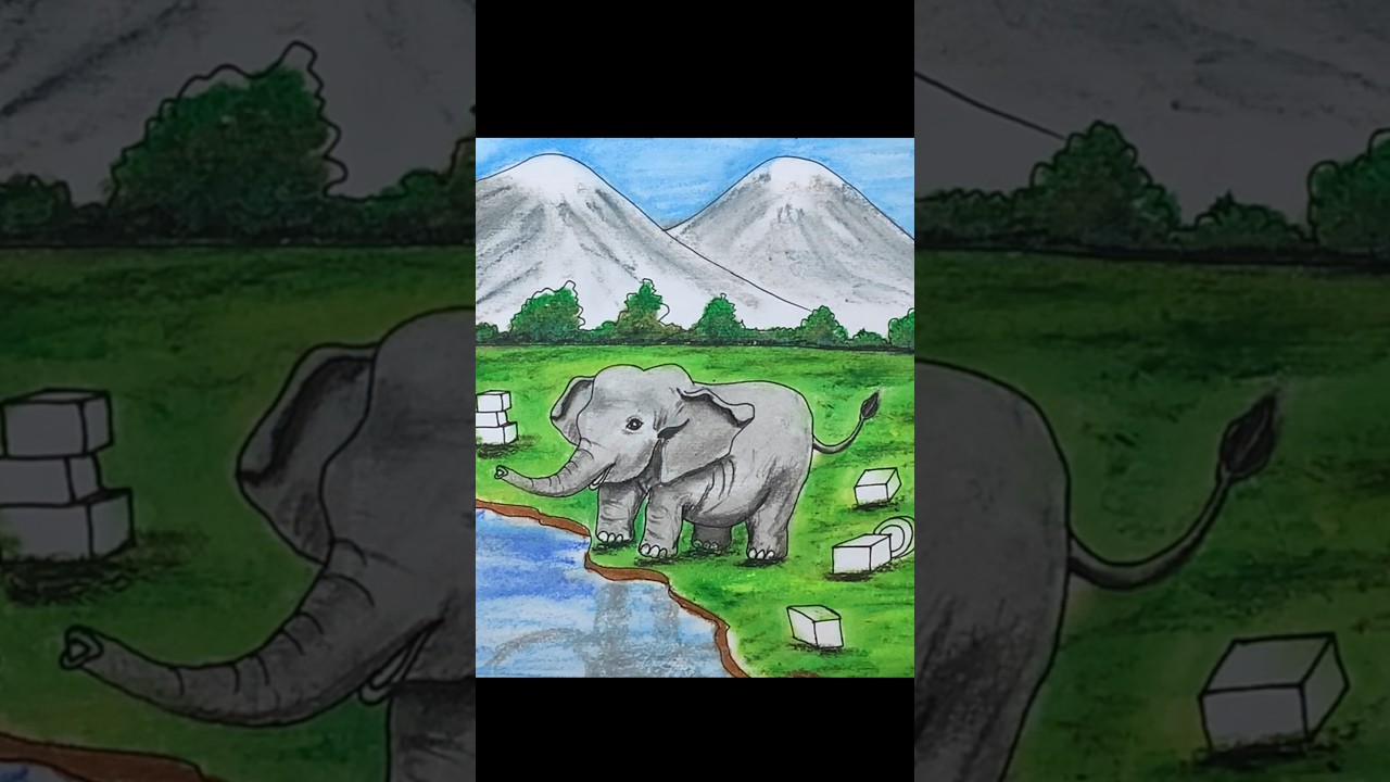 Cute Elephant Drawing Scenery | How to draw Elephant | 