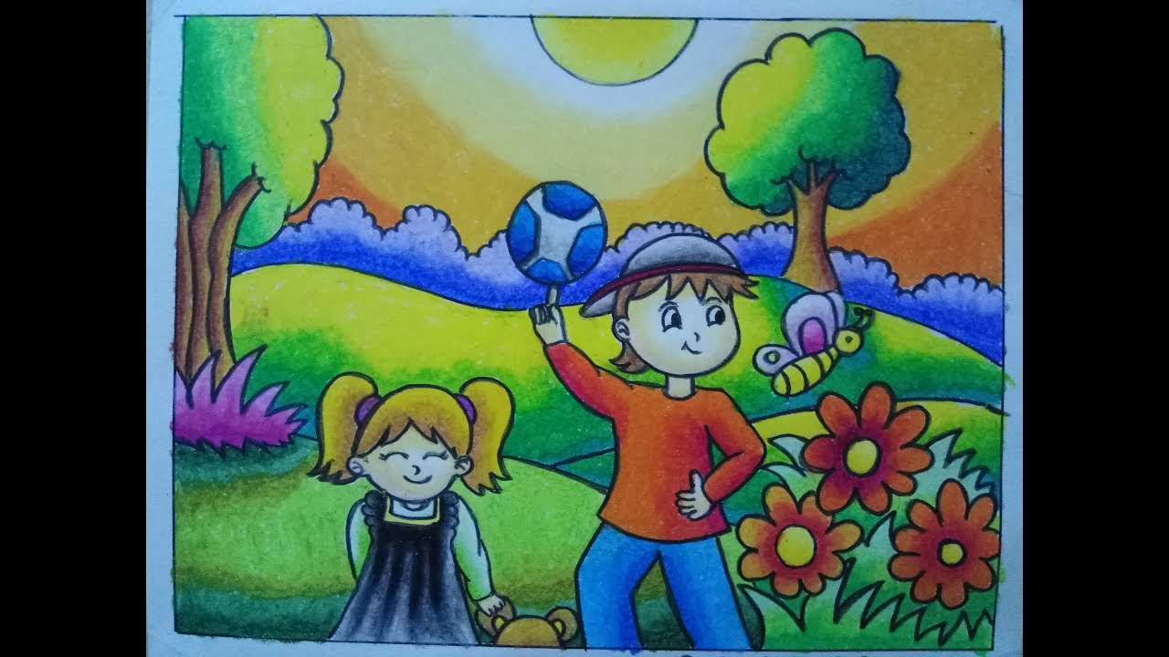 Mewarnai Pemandangan  Taman dengan Gradasi Crayon  Oilpastel 