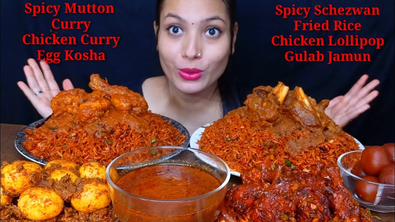 Eating Spicy 🔥 Schezwan Fried Rice, Spicy 🍗 Chicken Curry, Mutton Curry, Egg Kosha, Chicken Lollipop