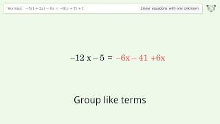 Solve -5(1+2x)-8x=-6(x+7)+1: Linear Equation Video Solution | Tiger Algebra