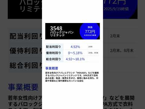 高配当＆株主優待「3548バロックジャパンリミテッド」総合利回り10 1％