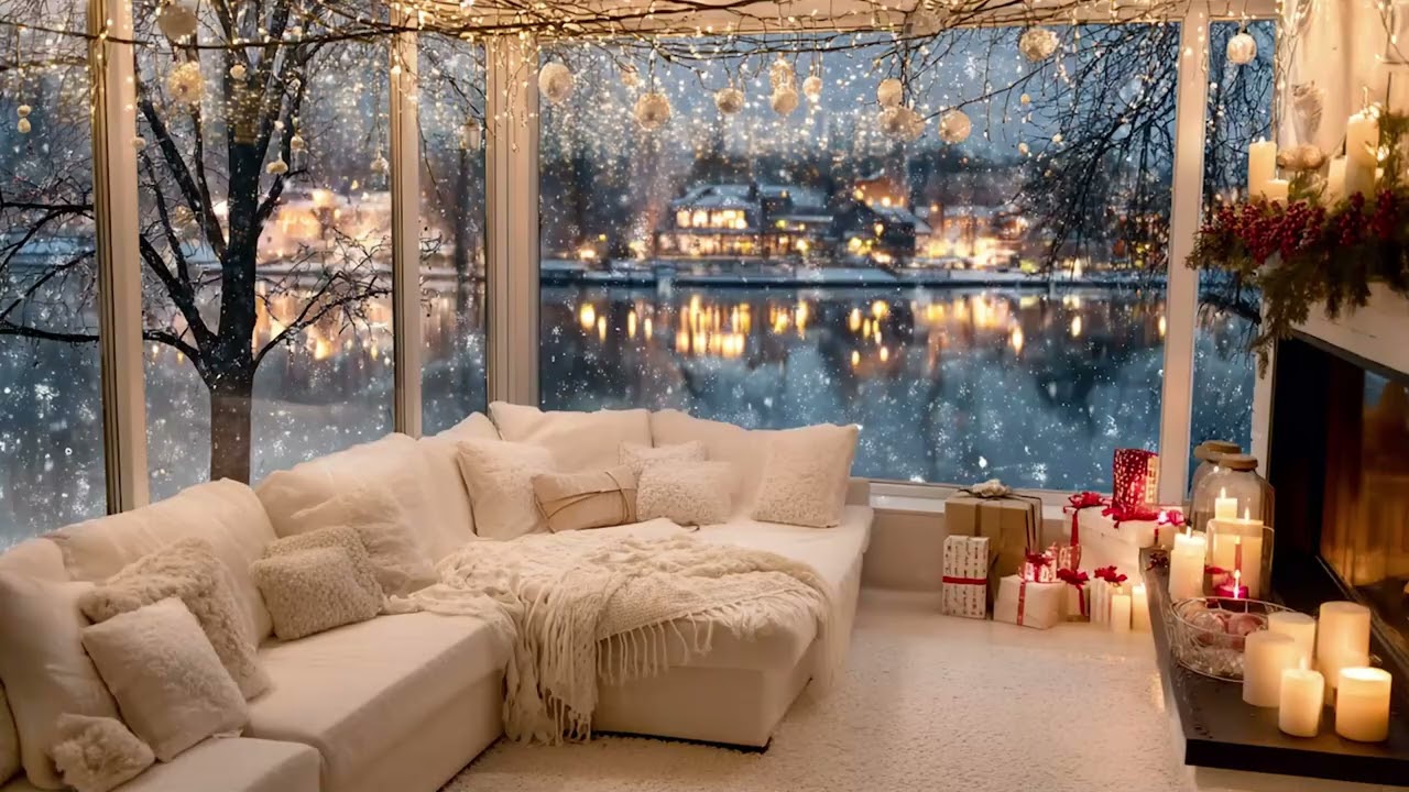 Warm Fireplace & Soft Piano Relaxing Holiday Ambience with Snowfall