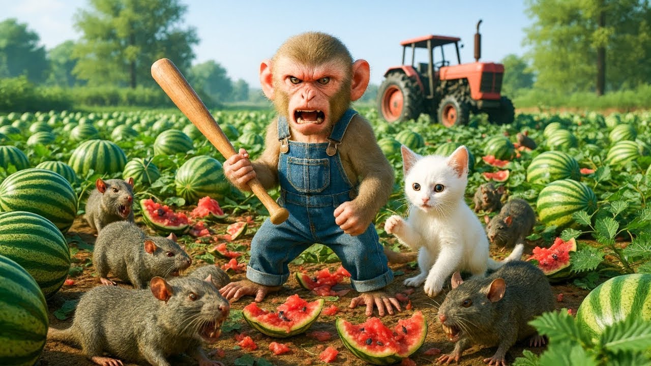🐒⚔️🐱Watermelon Warriors! Monkey & Cat Defend Against Rat Attack! | Lulu Monkey Journey - CiCi Monkey