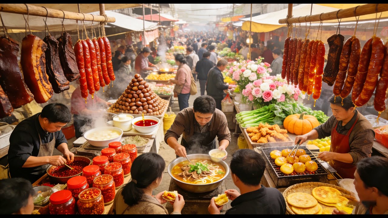Утренний рынок Чунцина, Китай | Горячий суп из говяжьих субпродуктов и хрустящие уличные закуски