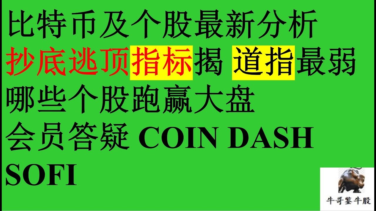 476 比特币及个股最新分析 抄底逃顶指标揭道指最弱 哪些个股跑赢大盘 会员答疑 COIN DASH SOFI
