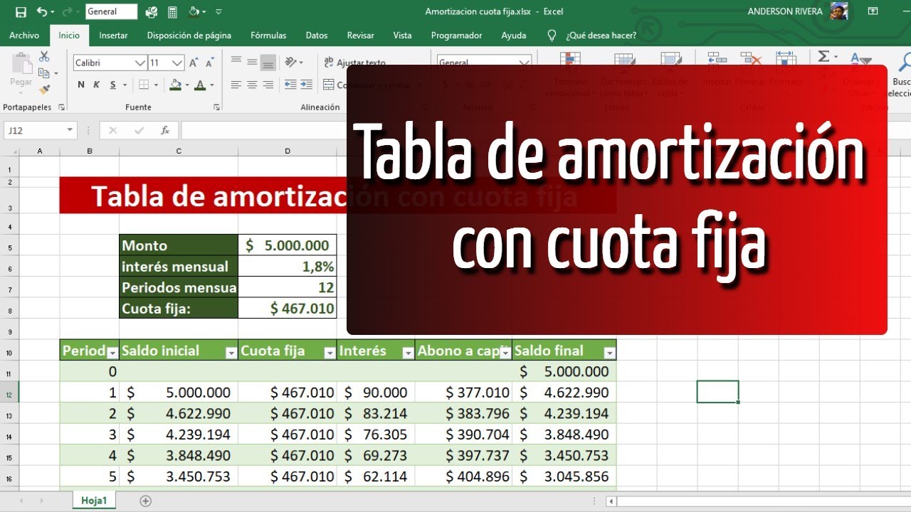 Tabla De Amortización Con Cuota Fija Mensual Método Sencillo Youtube