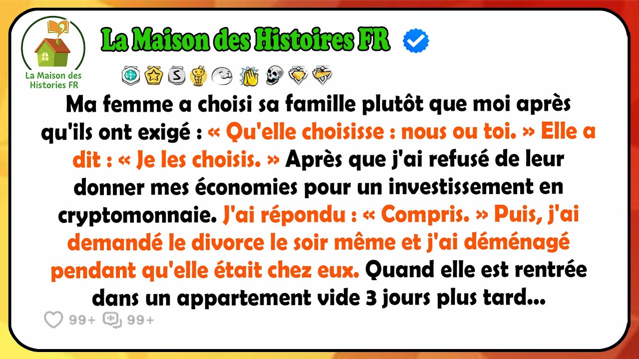Je suis rentré du travail un jeudi soir, et j'ai trouvé toute la famille de ma femme assise dans mon salon comme si elle était chez elle. Mon beau-frère Maxime, le « génie de la crypto », avait...
