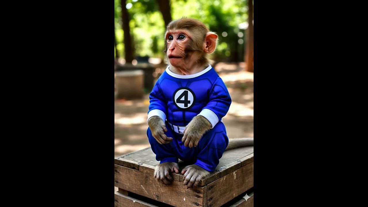 Adorable Monkey in Fantastic Four Costume Staring at the Camera