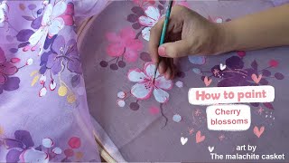 | fabric painting | cherry blossoms STEP BY STEP । HAND PAINT ON LAVENDER SILK । silk।Hand painting