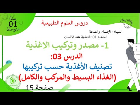 الدرس 03 تصنيف الأغذية حسب تركيبها الغذاء البسيط المركب والكامل صفحة 15 علوم طبيعية سنة 01 متوسط  الدرس 03 تصنيف الأغذية حسب تركيبها الغذاء البسيط المركب والكامل صفحة 15 علوم طبيعية سنة 01 متوسط
