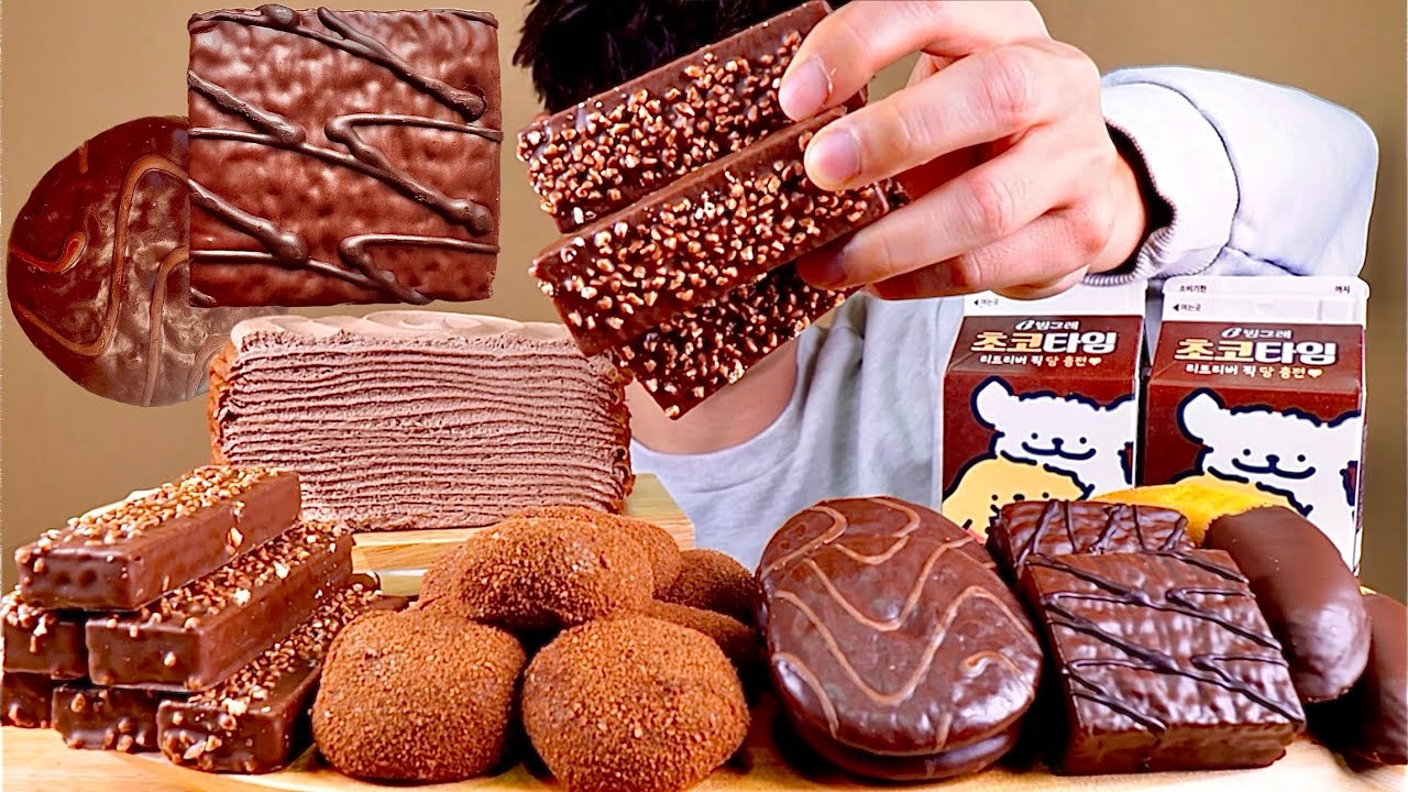 ASMR 초코크레이프에 싸먹는 디저트 누텔라초코바 초코떡 몽쉘 초코바나나 먹방~!! Chocolate Crepe With Choco Bar Choco Bread MuKBang~!!