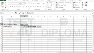 Use the DOLLARFR function to convert a currency value from decimal to fractional (Excel 2013)
