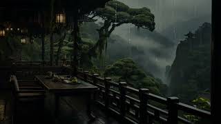 Cozy Balcony Rain in Forest | Night Heavy Rain Sounds and Distance Thunder for Sleep, Calm, Study