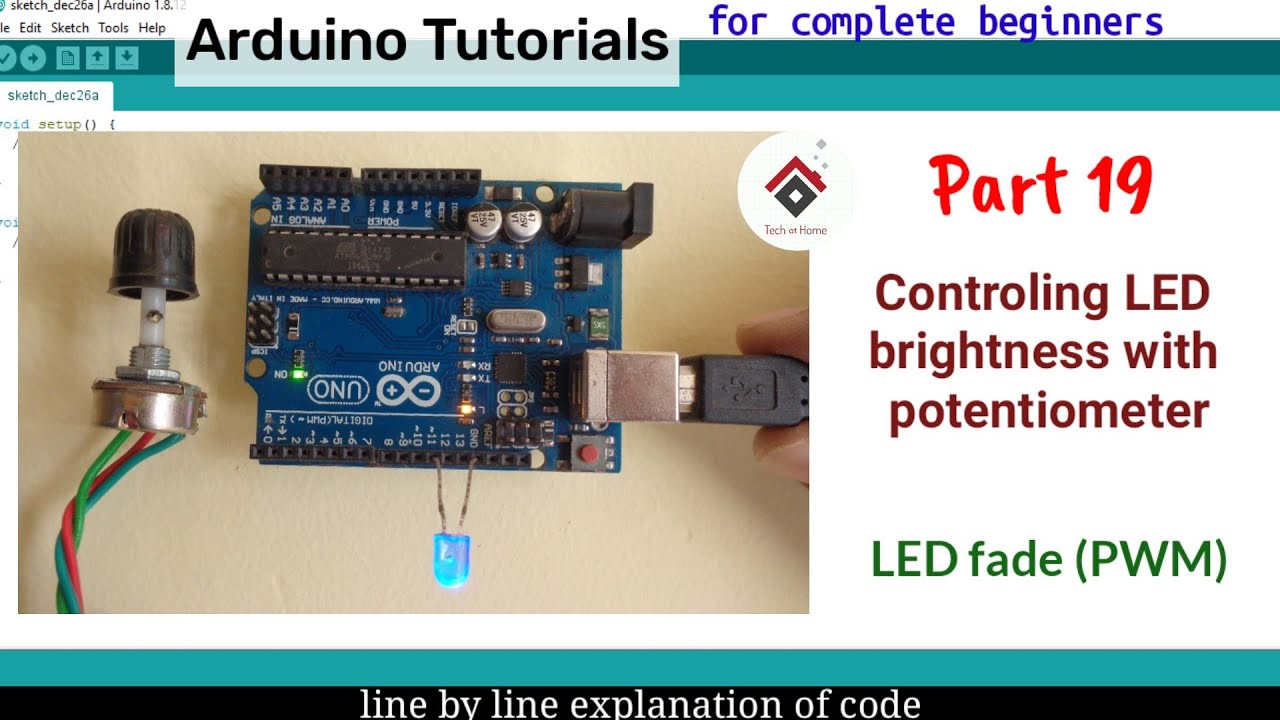 LED brightness control with Potentiometer  LED fade using PWM  Arduino tutorial 19