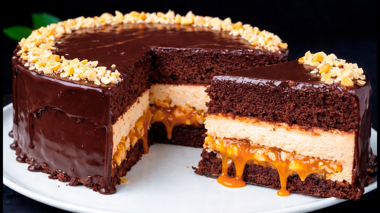 Better than Snickers – the perfect chocolate cake with a gooey caramel filling and peanuts