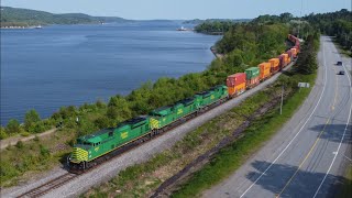 Awesome 4K Aerial View! Long Stack Train NBSR 121 passing Westfield Beach, NB