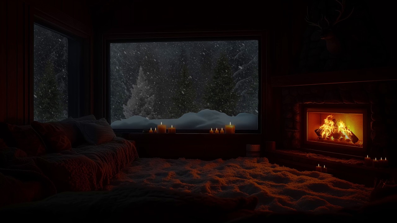 Cozy Snow Cabin at Night with Soft Fireplace Crackling and Falling Snow for Sleep and Relaxation