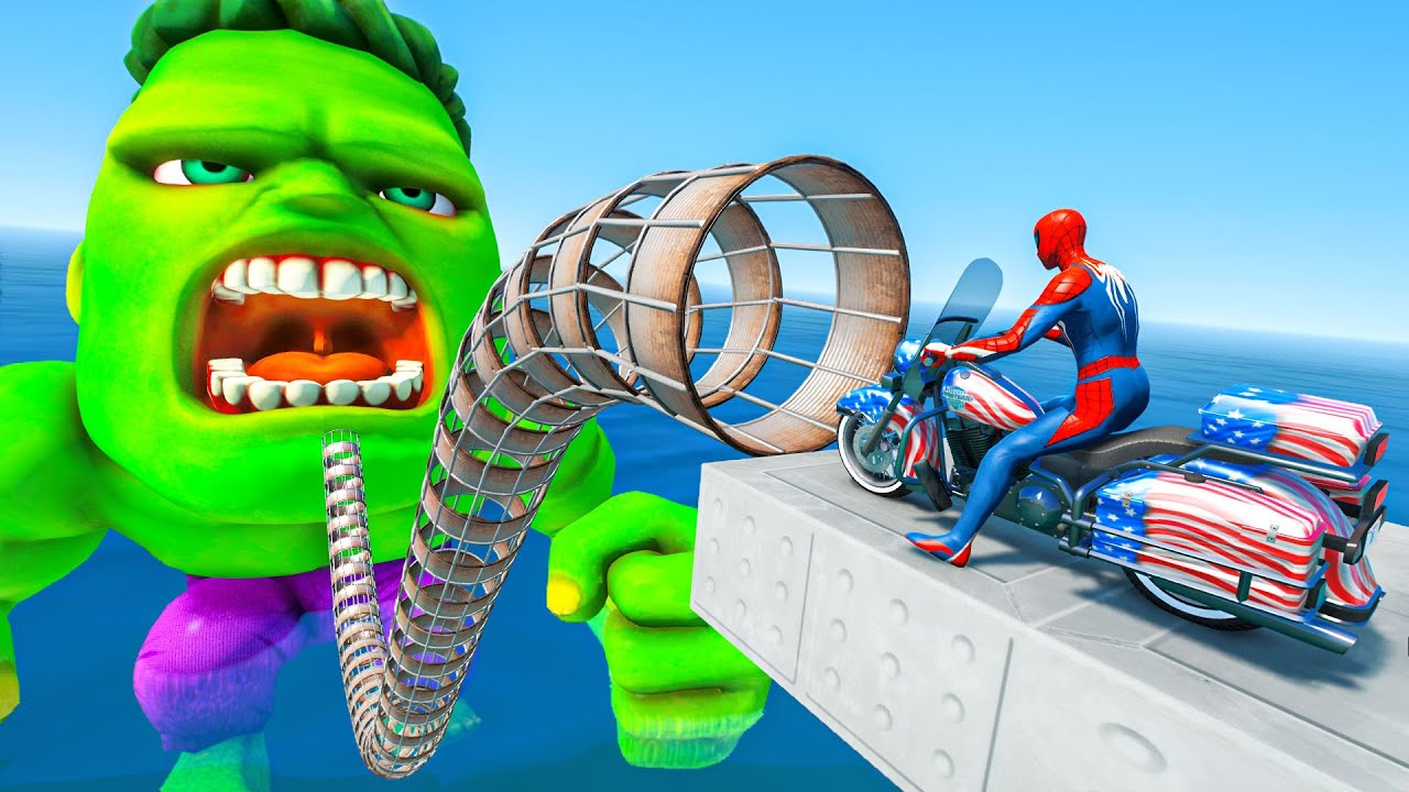 ⁣Spiderman Found Biggest Monster Green Hulk Challenge w/ Motorbikes Racing Wipeout Obstacle #407