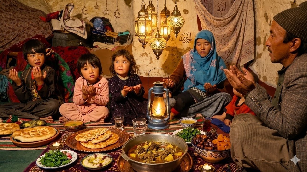 Самый прекрасный ифтар: афганская семья молится вместе в пещерном доме.