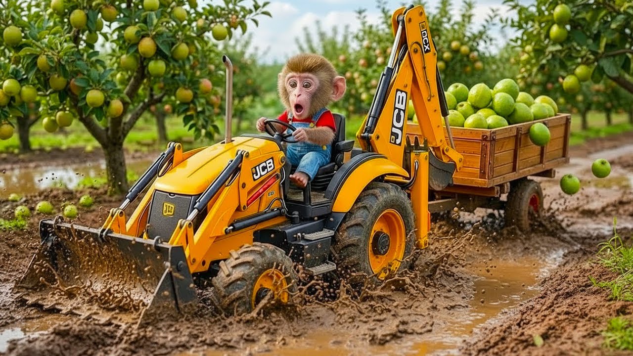 Monkey Nana’s JCB Tractor Gets Stuck in Mud! Emergency Road Repair After Big Rain 🚜😱 | MONKEY LIFE