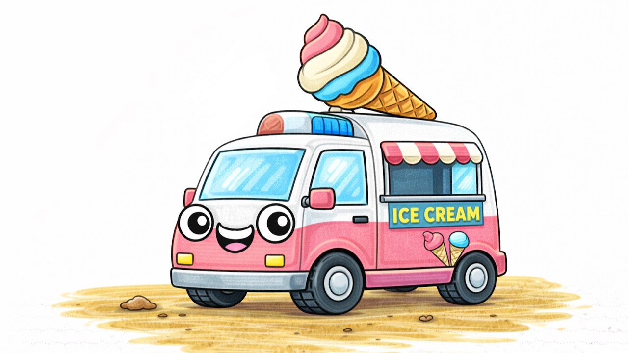 🍦Draw a Cute Smiling Ice Cream Truck with Big Eyes | Easy Kids Drawing & Coloring