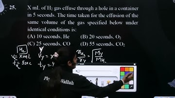 X mL of H2 gas effuse through a hole in a container in 5 seconds. The time taken for the effusio....