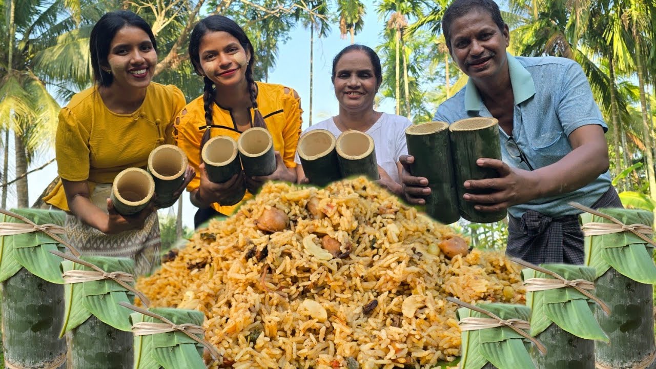 Bamboo seafood biriyani / ဝါးကင်းမွန်ဒံပေါက် လေးမိသားစုအတူတူချက်စားမယ်။