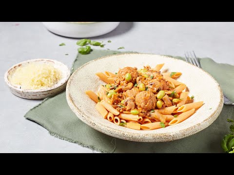 recette-–-pâtes-de-lentilles,-boulettes-de-quorn-et-sauce-tomate-aux-fèves-edamame-–-colruyt