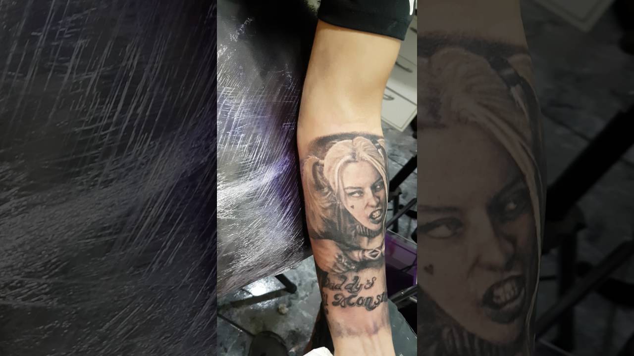 Tattoo realistic harley quinn. Black and grey - YouTube