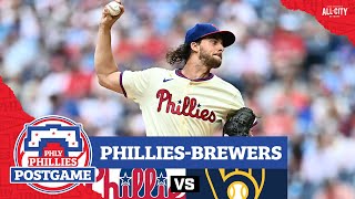 Aaron Nola tosses 7 shutout innings, Phillies sweep out Milwaukee Brewers with 20 win
