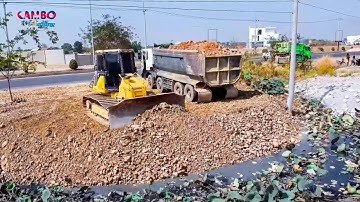 NICELY START PROJECT LANDFILL By Best Driver 5T Trucks Unloading Rocksoil &Dozer KOMATSU DR51PX Push