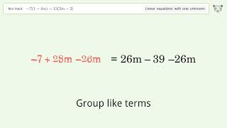 Linear equation with one unknown: Solve -7(1-4m)=13(2m-3) step-by-step solution